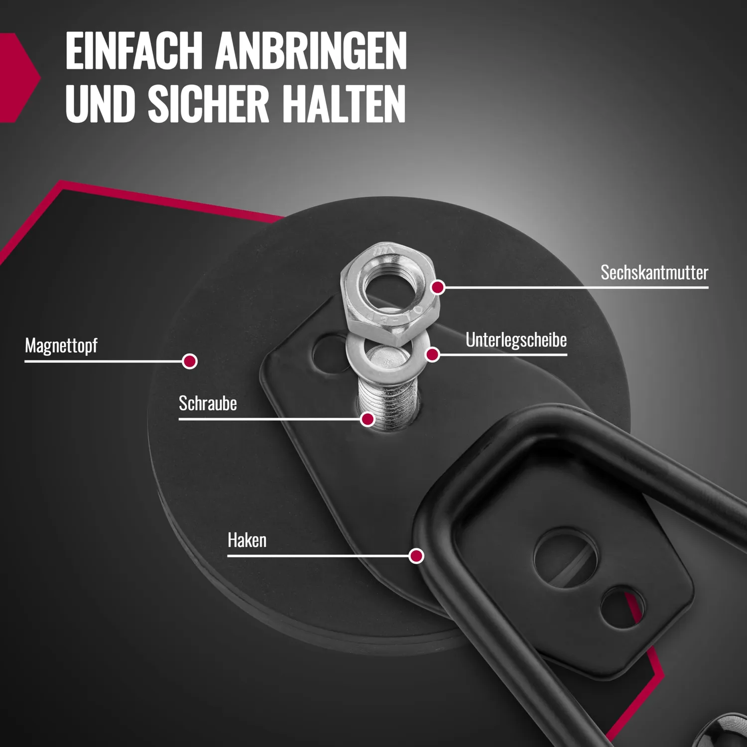 Poppstar Garagenhaken magnetisch Set 2 schwarz 20kg