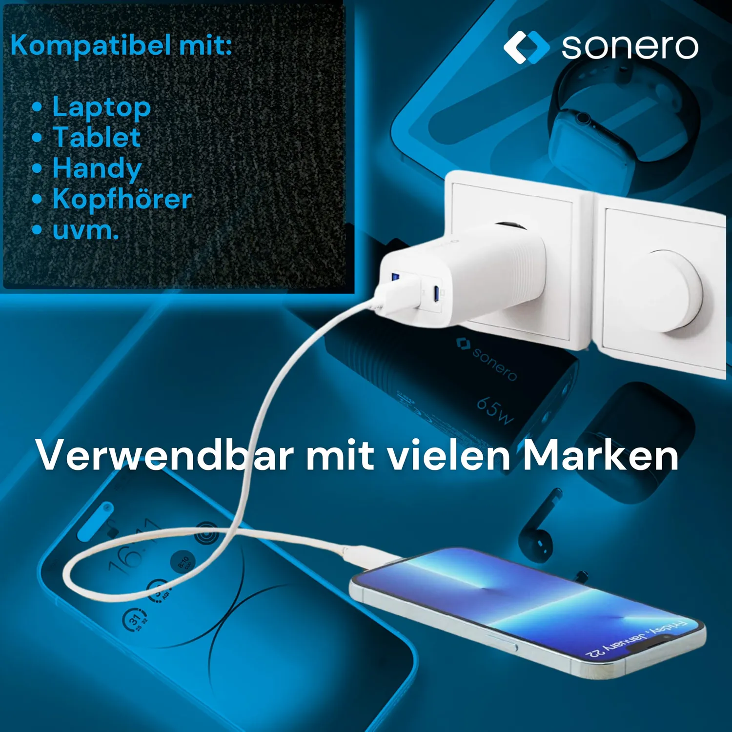 Sonero GaN USB-C Ladegerät 65 Watt 3-Port weiß
