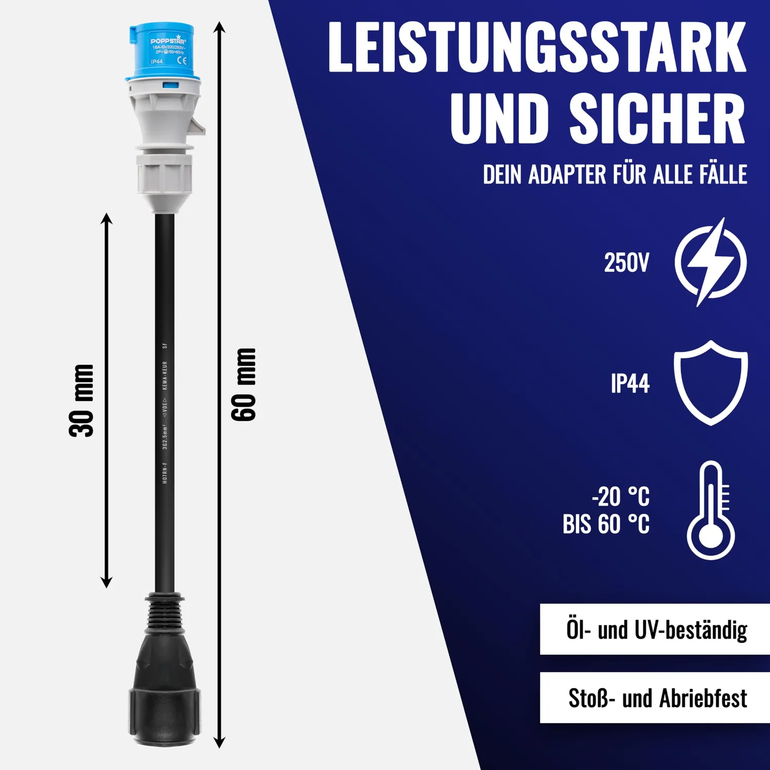 Poppstar CEE Adapter 30cm IP44 Schuko auf CEE