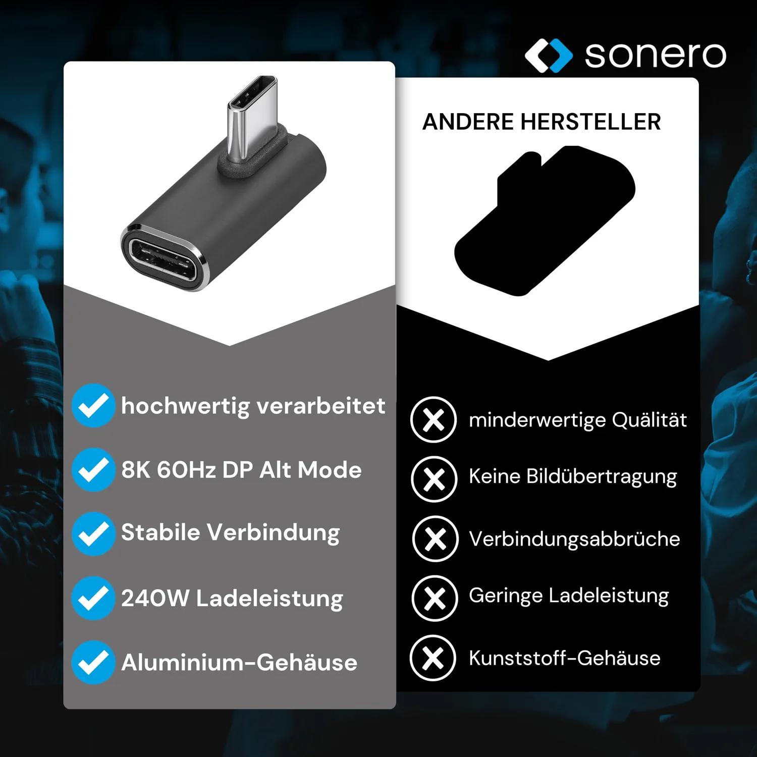 Sonero USB-C Winkeladapter 90° 40Gbps 240W schwarz