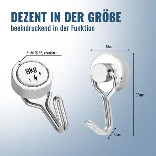 Poppstar Magnethaken 8 kg drehbar 8 Stück silbern