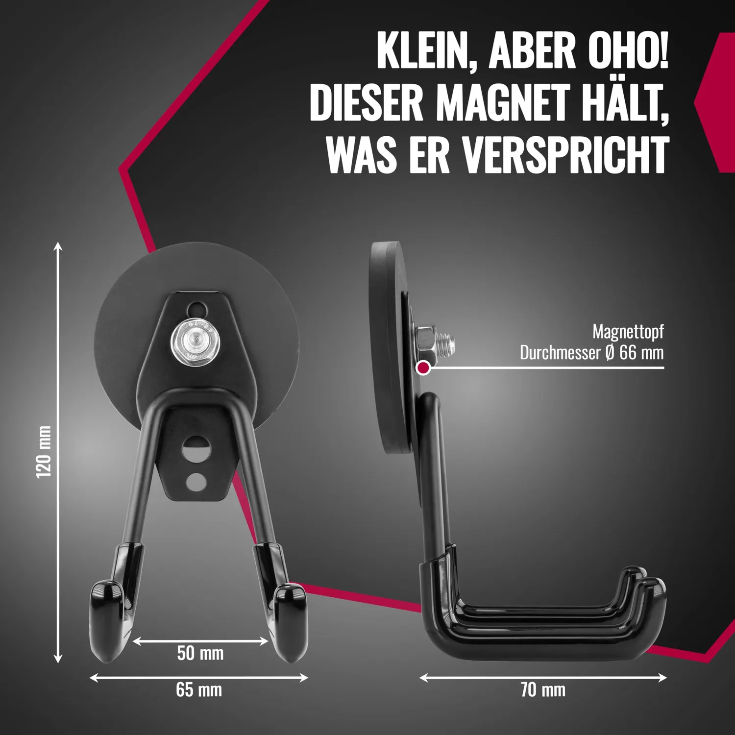 Poppstar Garagenhaken magnetisch Set 2 schwarz 20kg