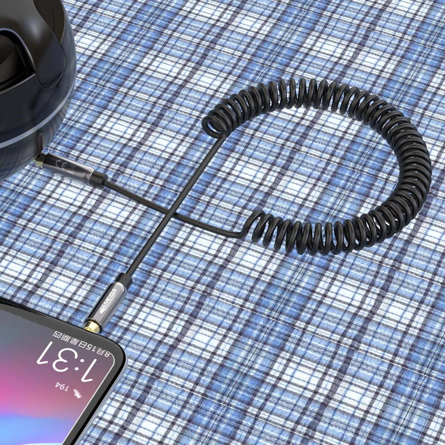 JAMEGA Aux Spiralkabel 3,5 mm 1 m Stereo Metall