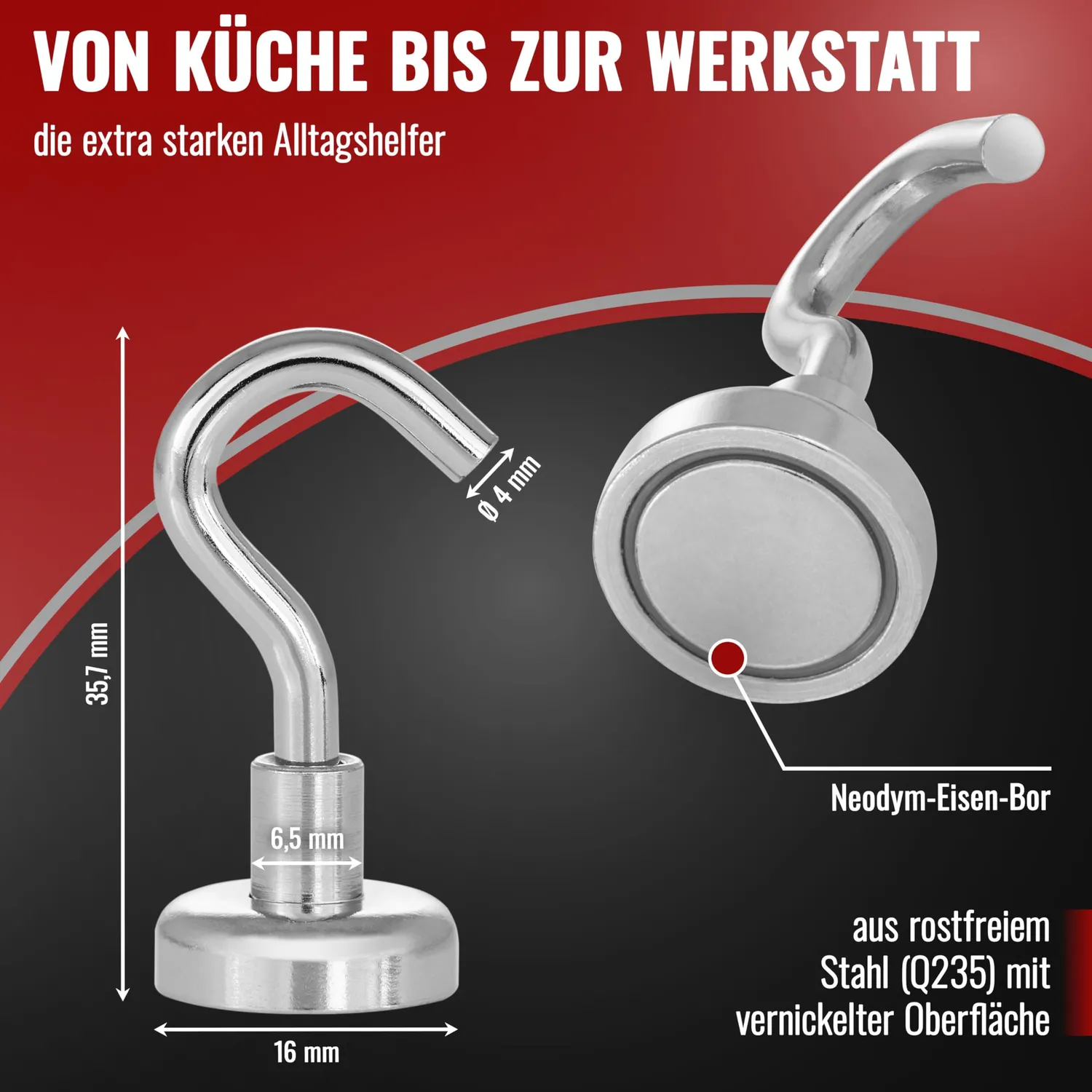 Poppstar Mini Magnethaken 10 Stück 8 kg Neodym