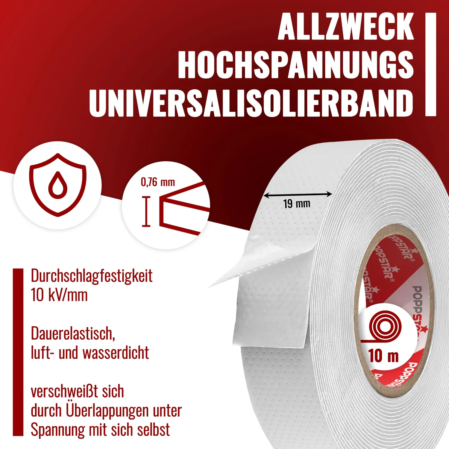 Poppstar Isolierband selbstverschweißend 10 m weiß