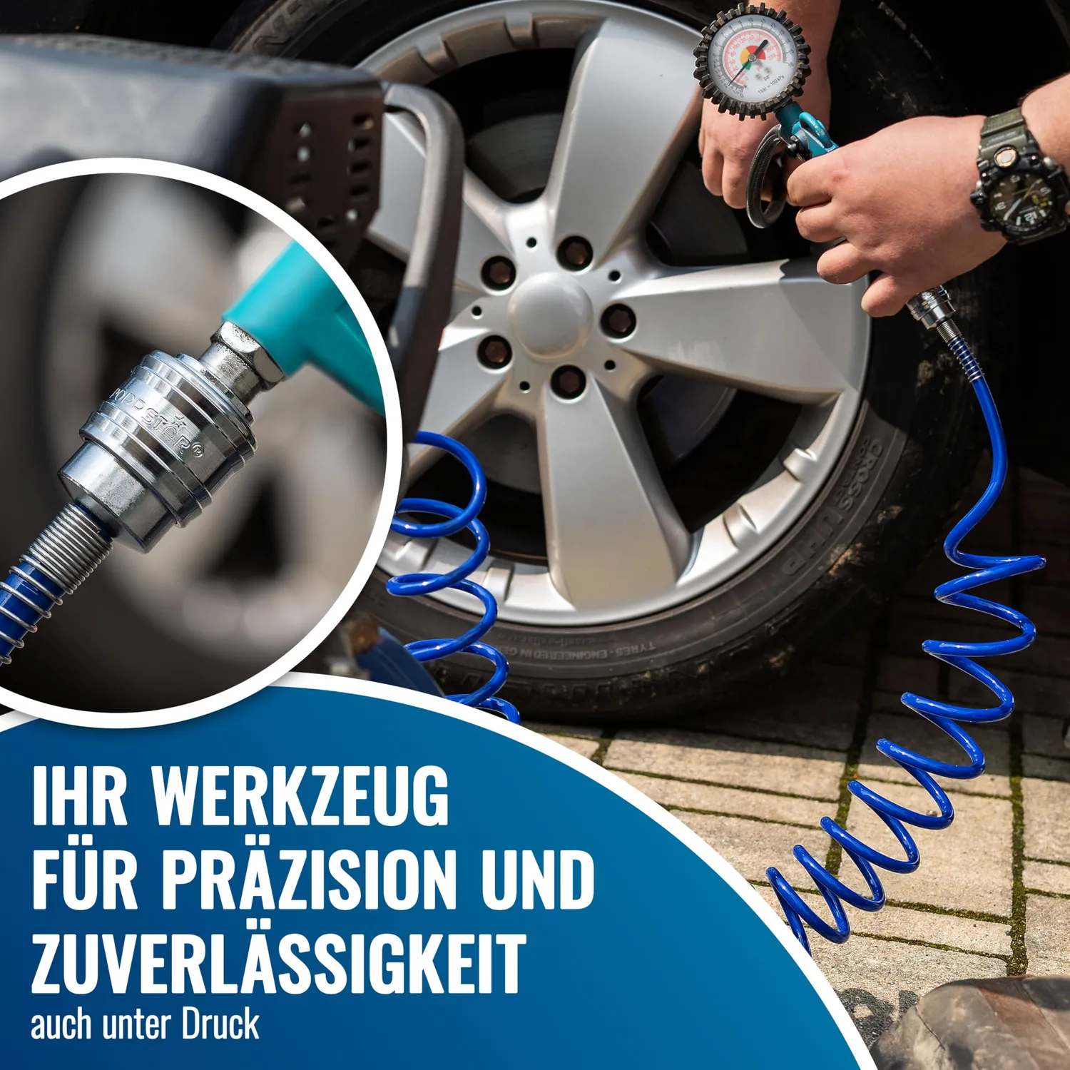 Poppstar Druckluftset Reifenfüller Spiralschlauch 5m