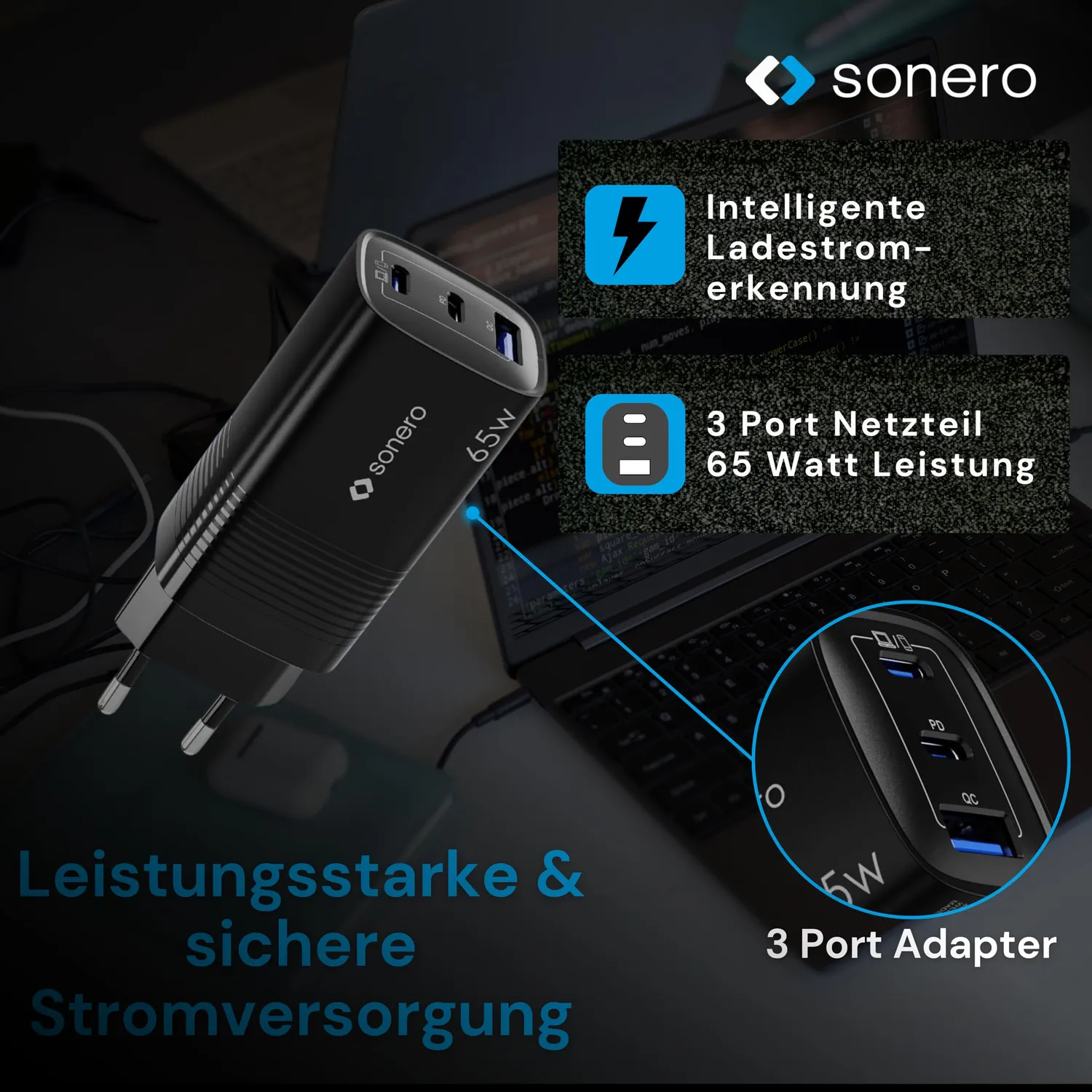 Sonero 65W GaN Ladegerät 3 Port USB-C PD QC schwarz