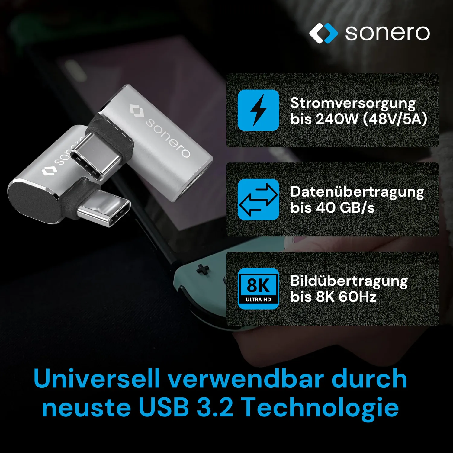 Sonero USB-C Winkeladapter 90° 40Gbps 240W silber