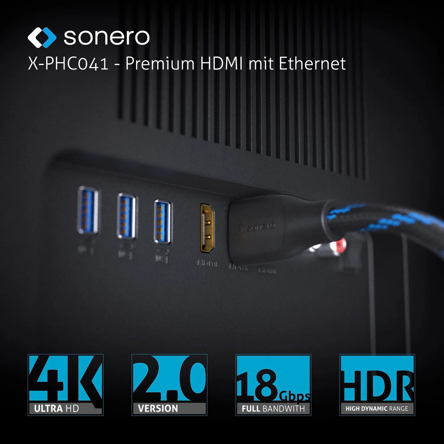 Sonero HDMI Verlängerungskabel 4K 3m Stecker Buchse