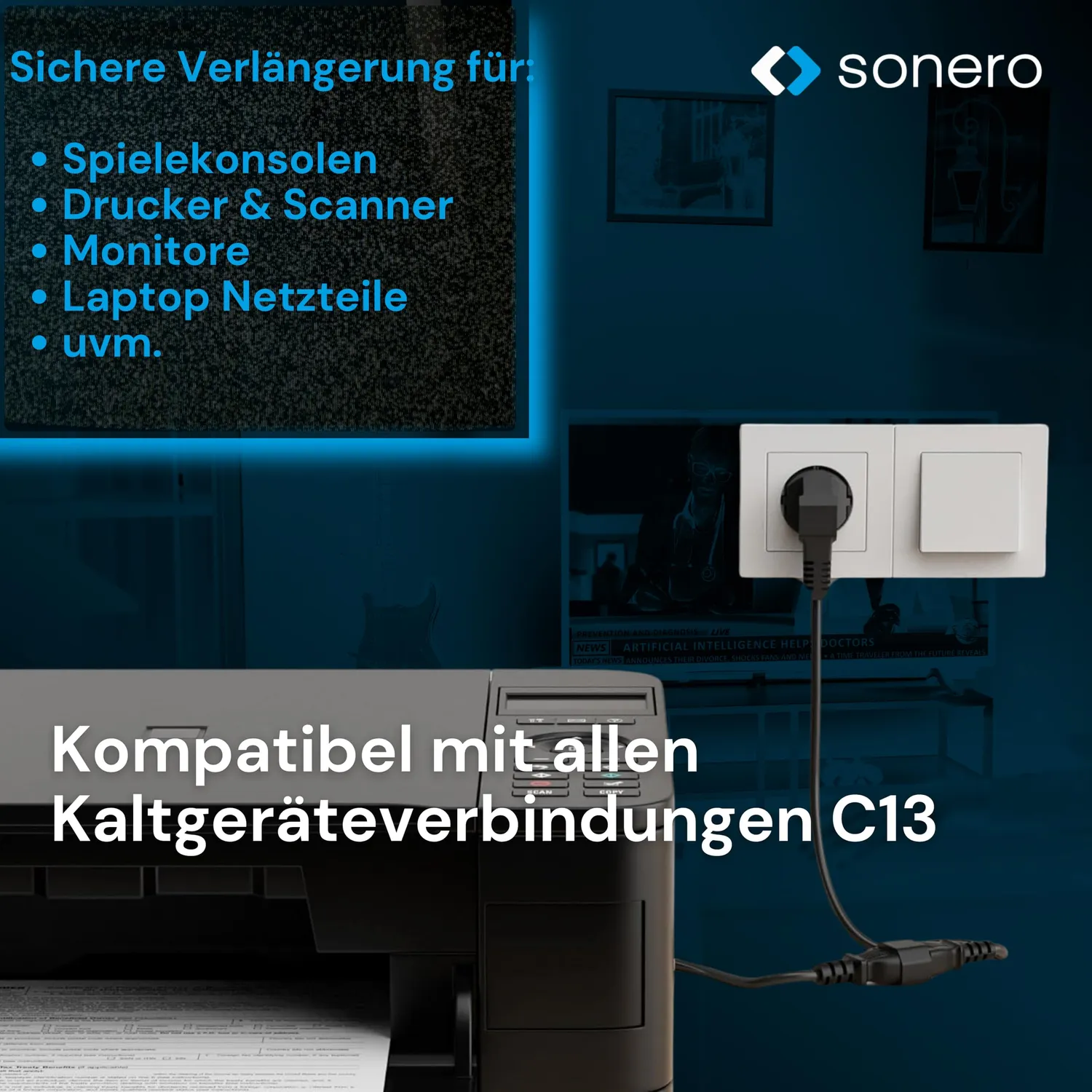 Sonero X-C13P-C13F-010B Kaltgerätekabel 1m schwarz C13 C14
