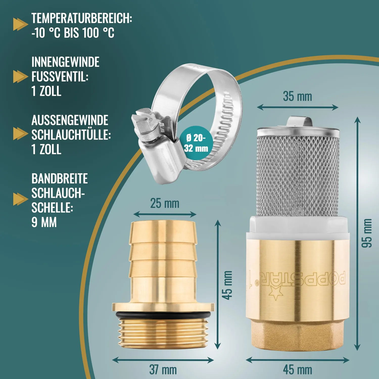 Poppstar Saugfilter Set 1 Zoll Messing Rückschlagventil Edelstahlkorb