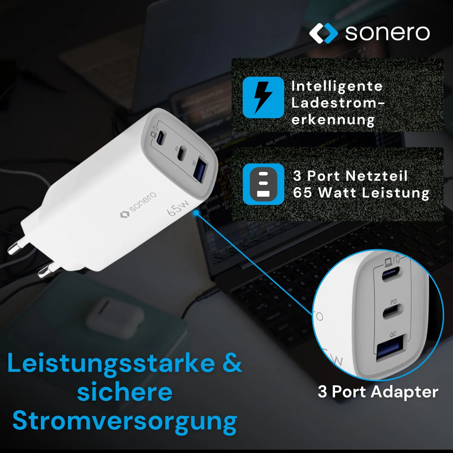 Sonero GaN USB-C Ladegerät 65 Watt 3-Port weiß