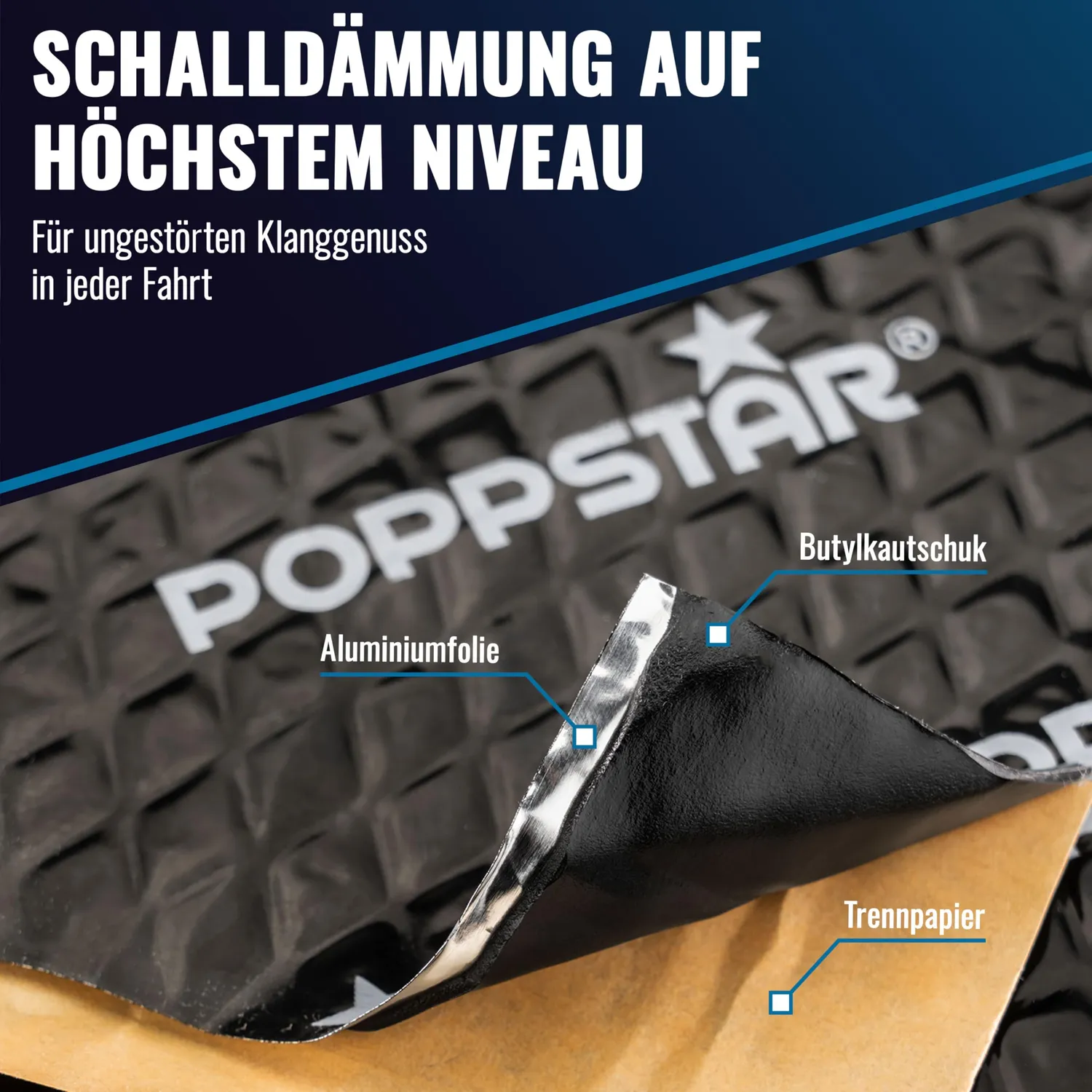 Poppstar Alubutyl Dämmmatte 2mm 1,7m² schwarz selbstklebend