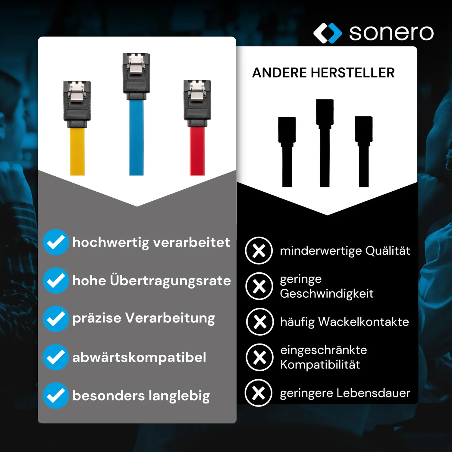 Sonero SATA III Kabel Set 3x0,5m 6Gb/s rot gelb blau
