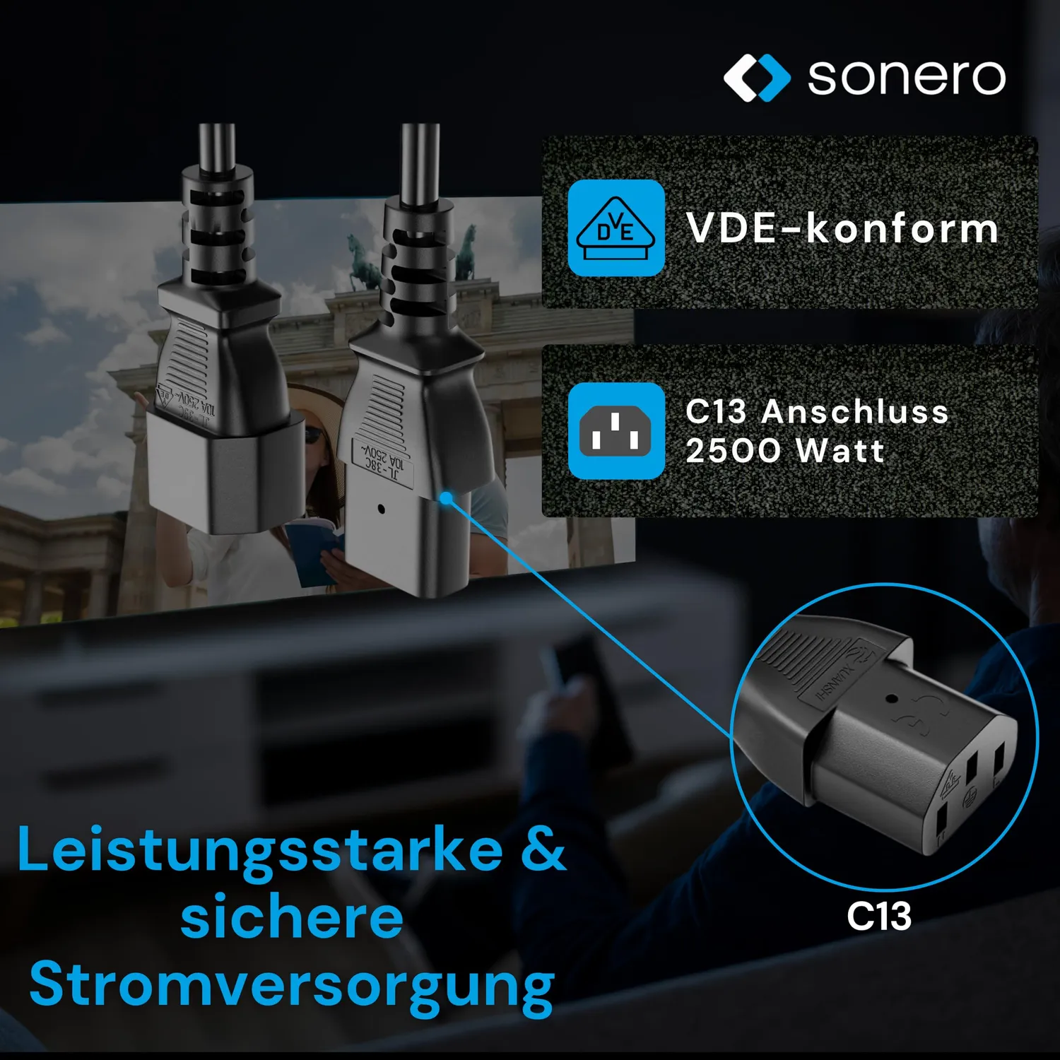 Sonero X-C13P-C13F-010B Kaltgerätekabel 1m schwarz C13 C14
