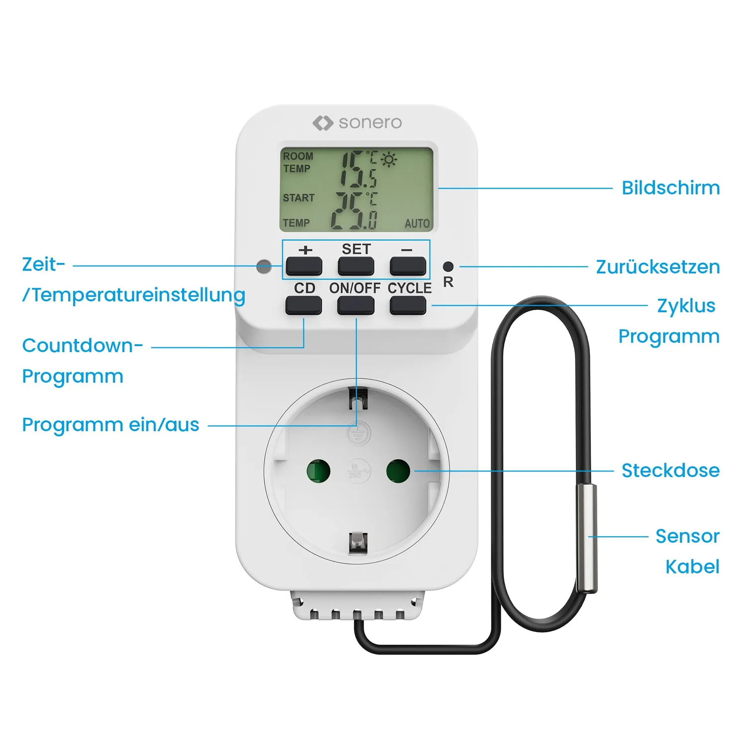 Sonero Thermostat Steckdose Regler weiß 3600W Fühler