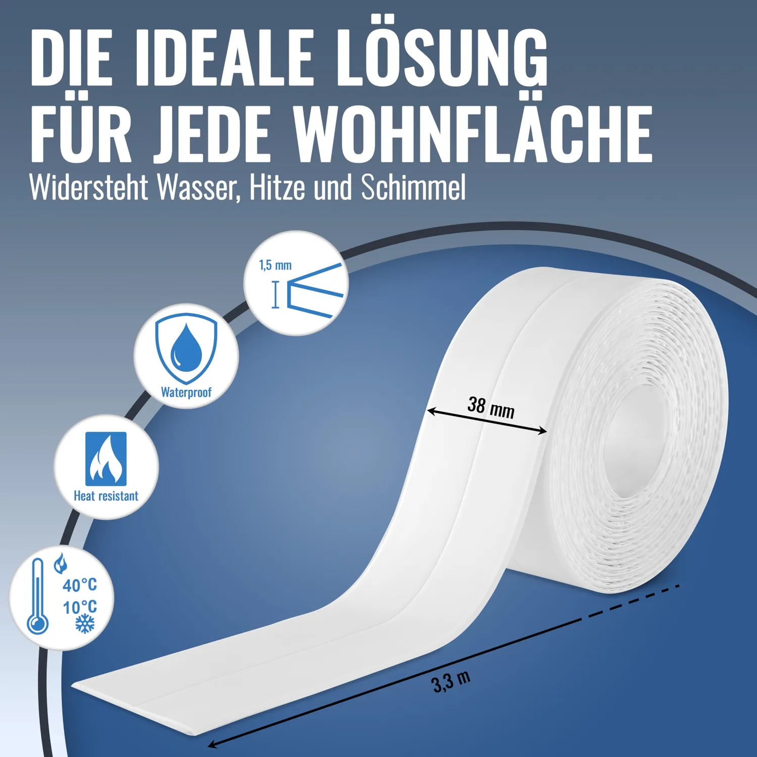 Poppstar Fugendichtband selbstklebend weiß 3,3m x 38mm wasserdicht