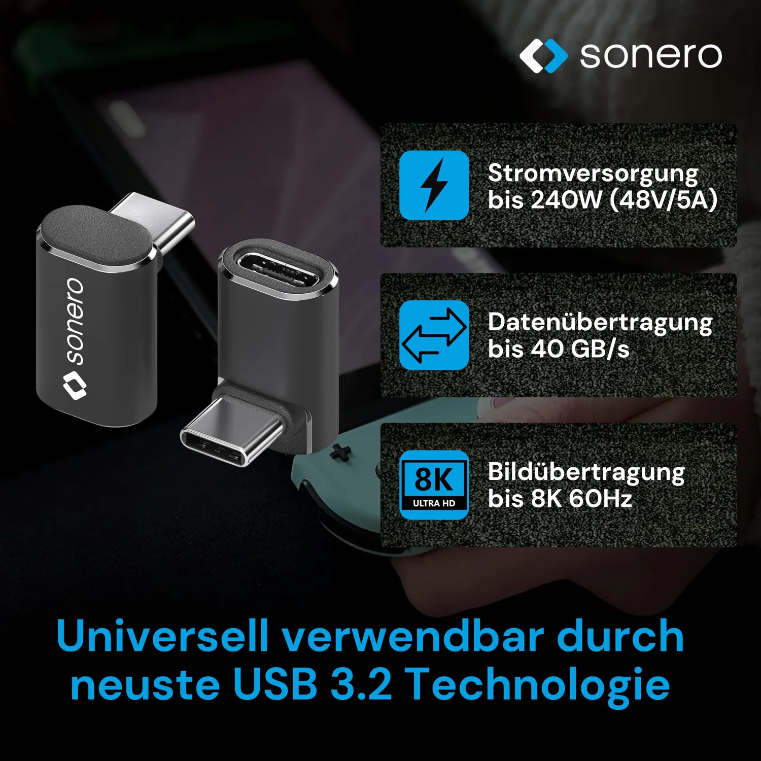 Sonero X-UA131 USB-C Winkeladapter 90° 40Gbps schwarz