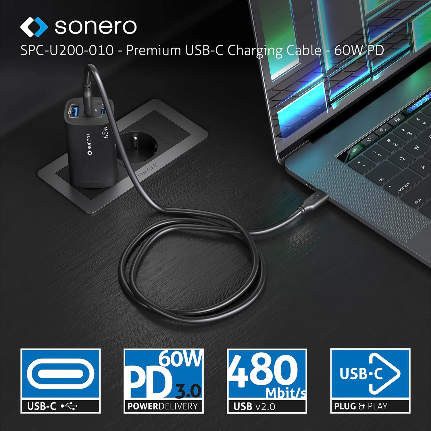 Sonero USB-C auf USB-C Ladekabel 0,5 m schwarz 60W