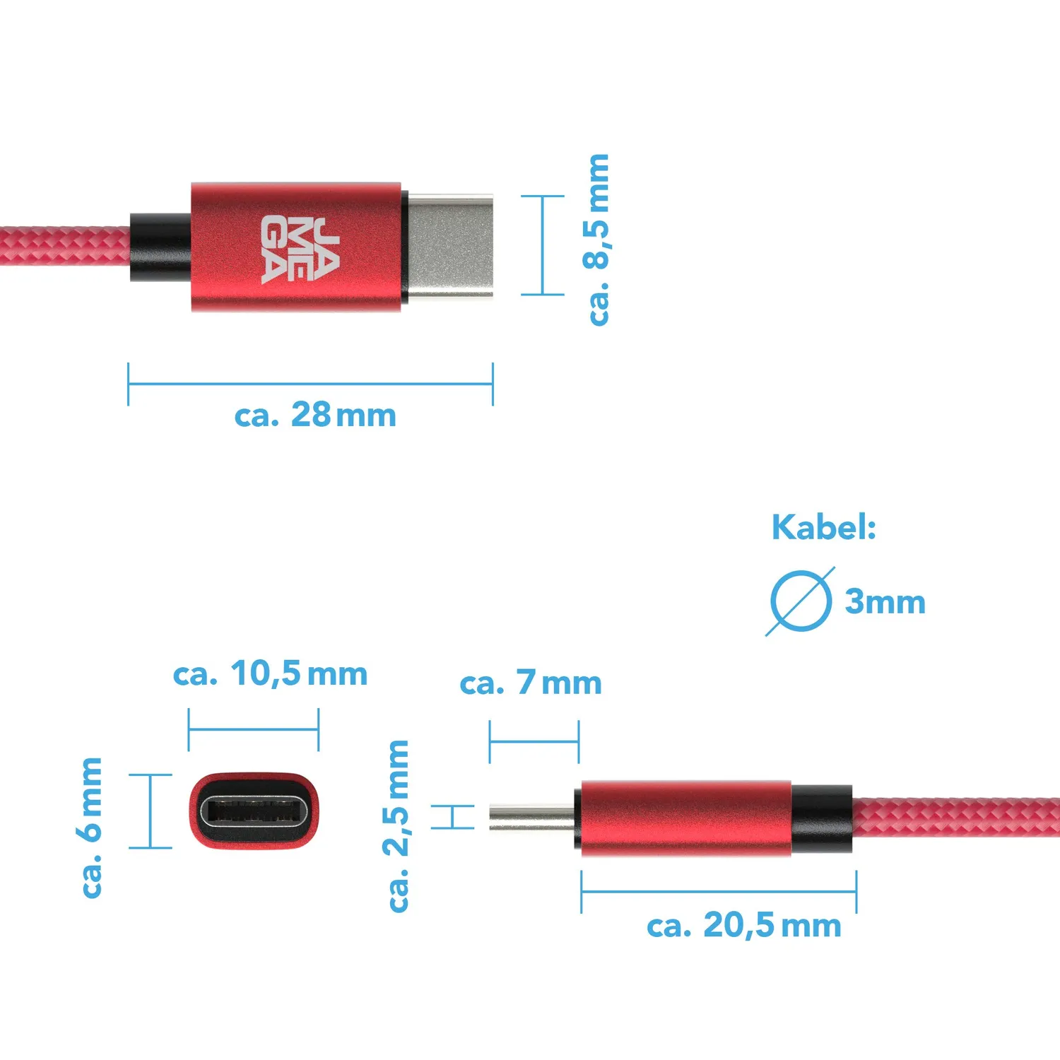 Jamega USB-C Kabel Rot 4er Pack Nylon 3A Set