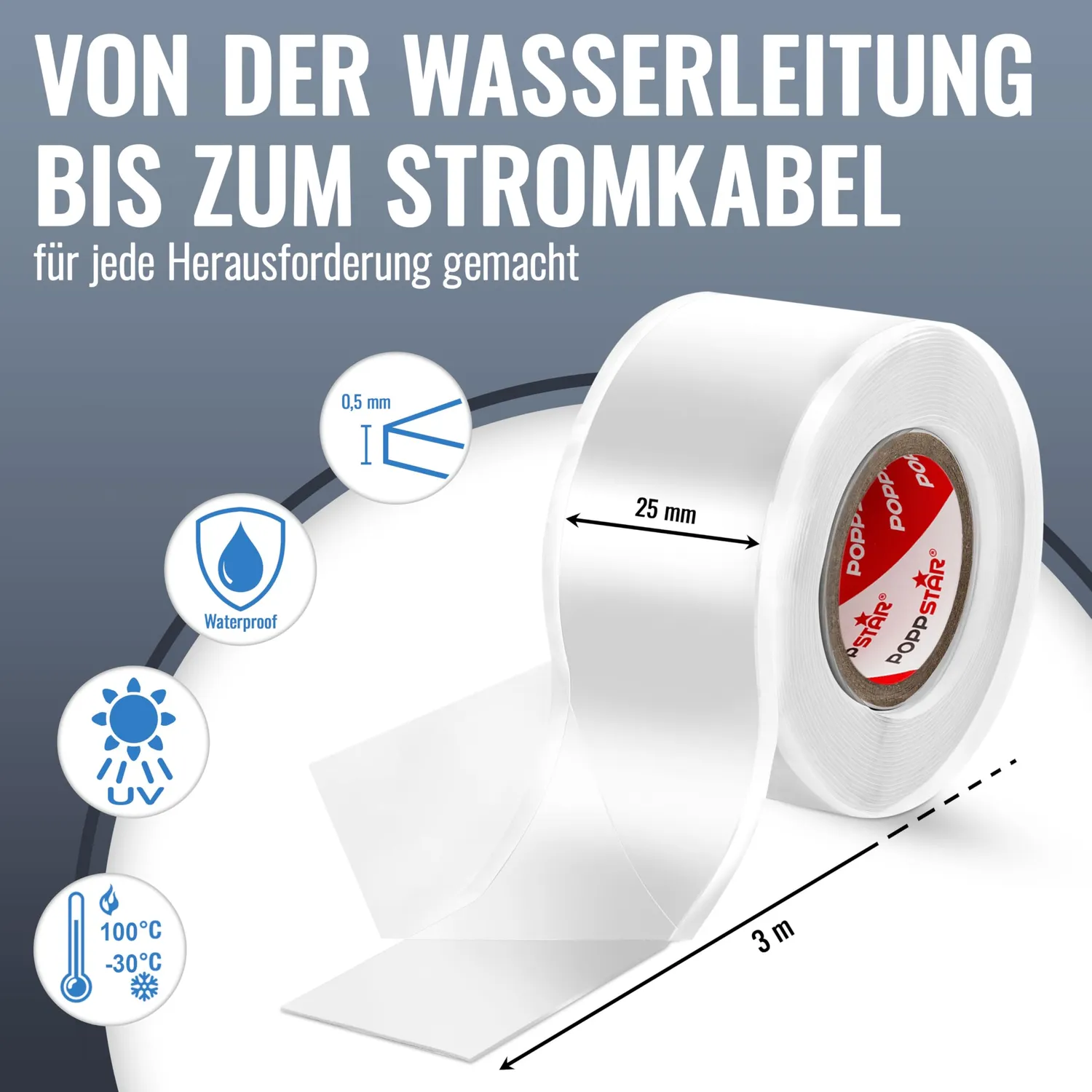 Poppstar Silikonband 3m x 25mm Dichtungsband weiß 1 Rolle