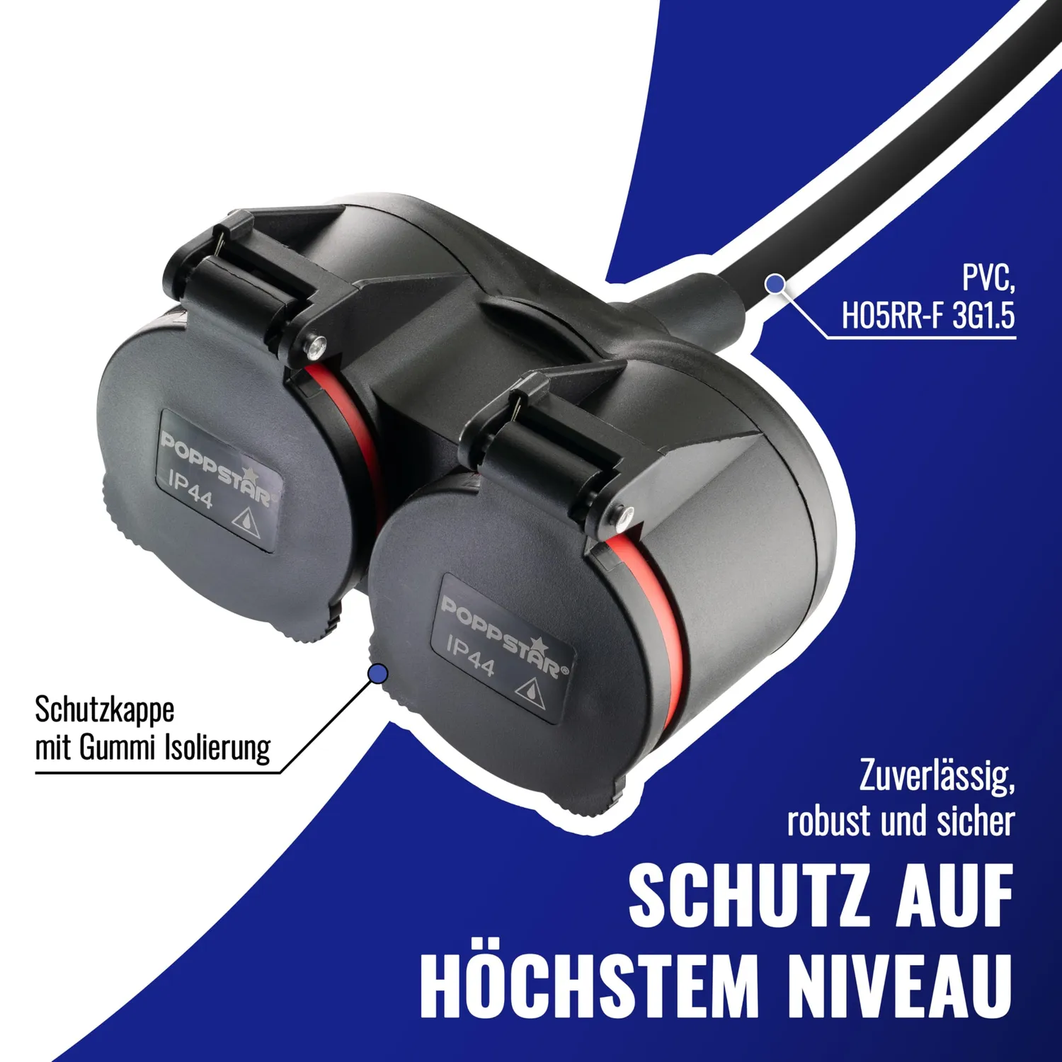 Poppstar Verlängerungskabel Outdoor 3m IP44 Doppelsteckdose