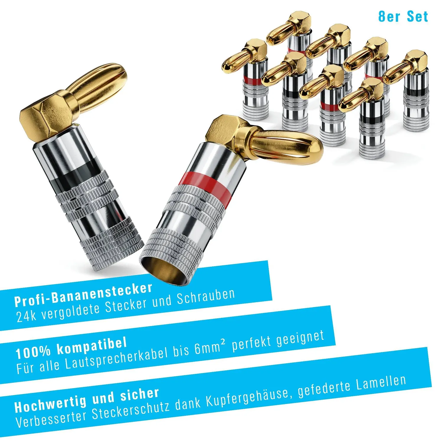 Sonero Bananenstecker 90° 8er-Set vergoldet 6mm²