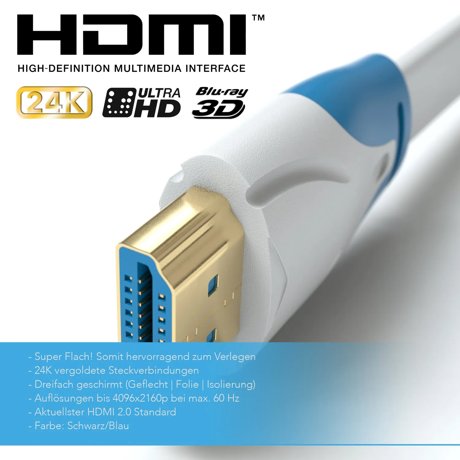 JAMEGA HDMI 2.0 HDMI-Kabel flach weiß 3m 4K@60Hz