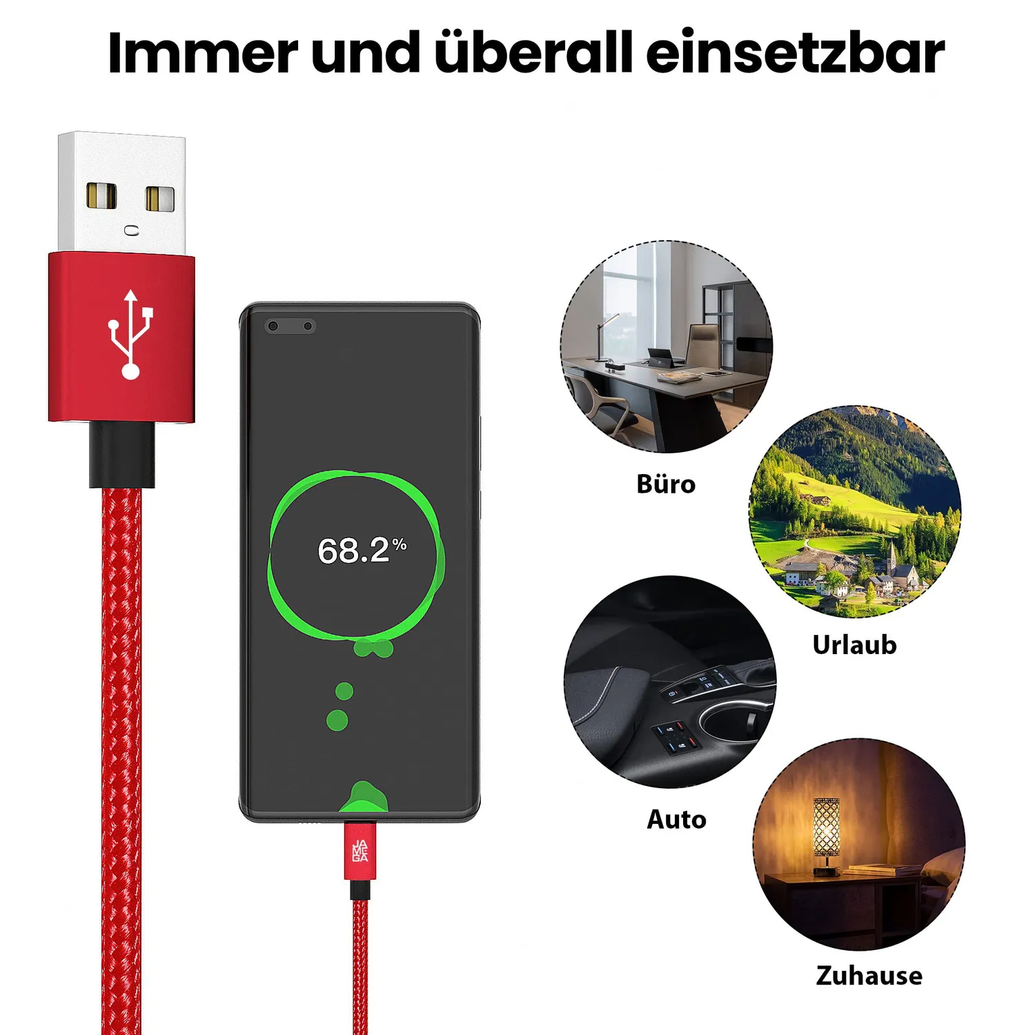 JAMEGA Premium Micro USB Kabel 0,5-3 m 4er Set rot