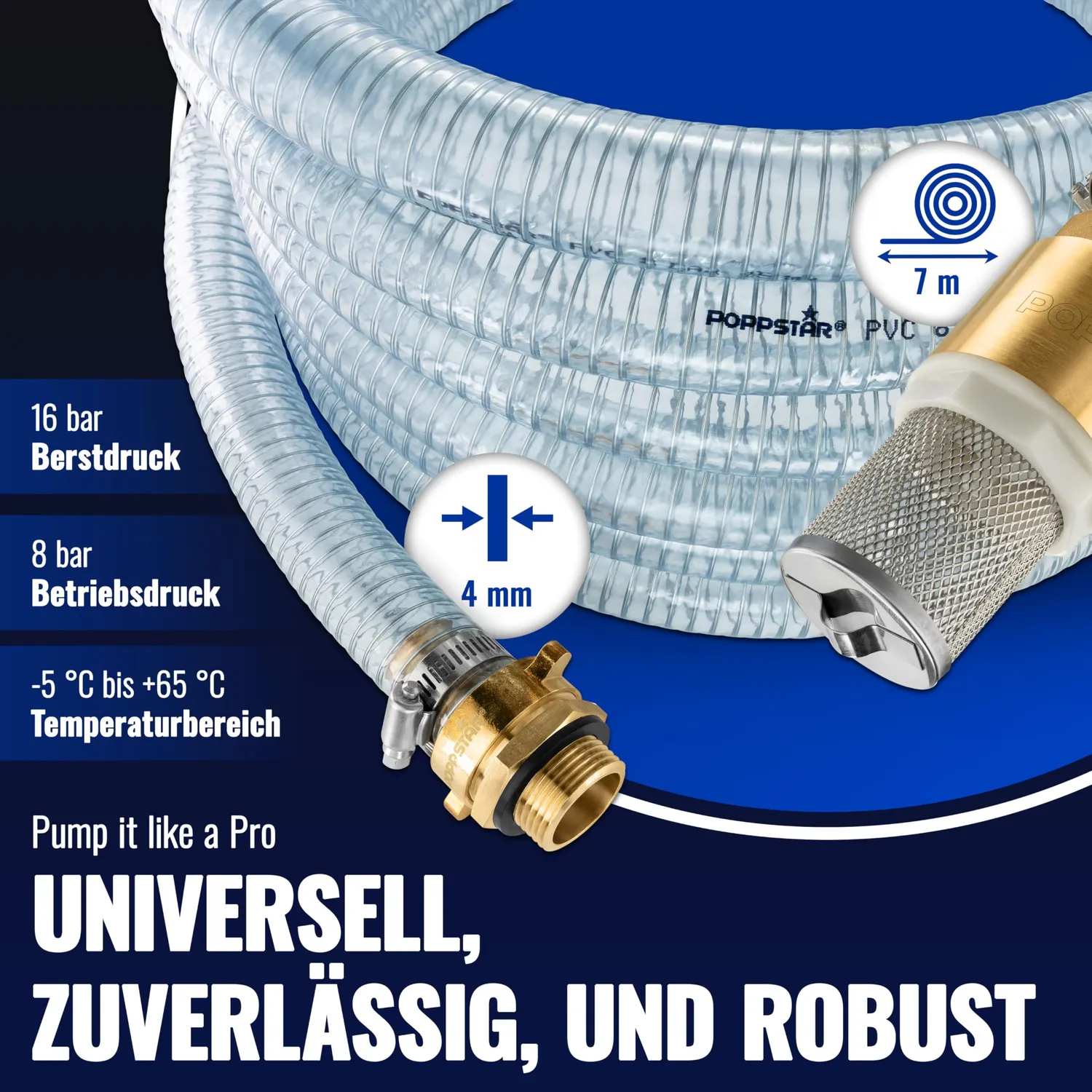 Poppstar Saugschlauch 1 Zoll 7m mit Saugkorb Ventil blau