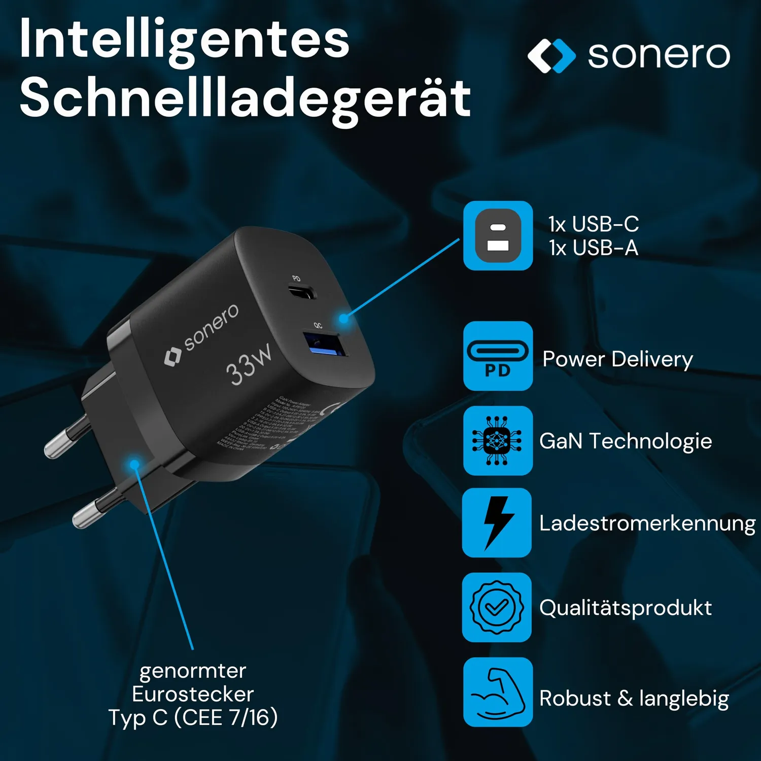 Sonero GaN USB-C Ladegerät 33W Netzteil schwarz 2-Port