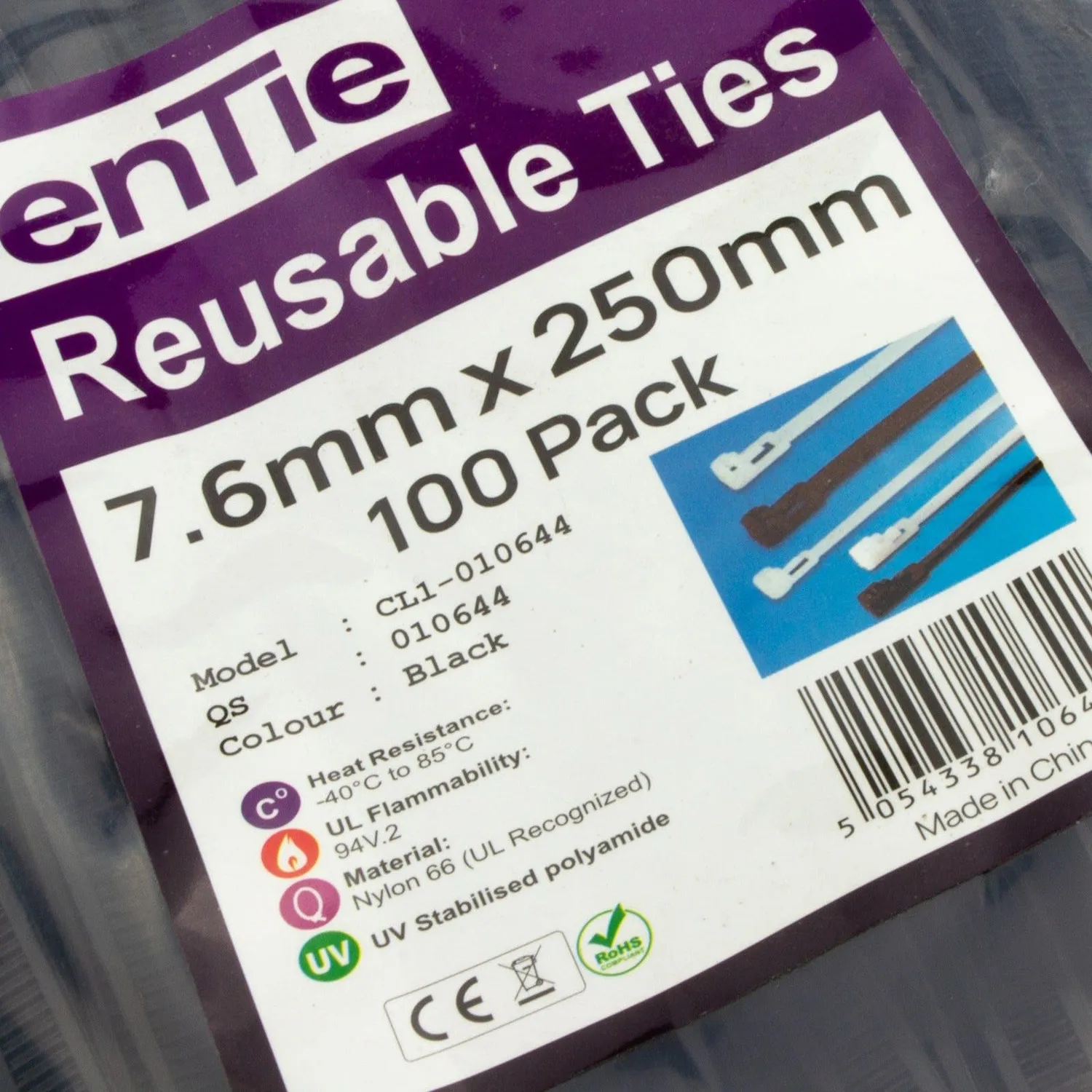 enTie Kabelbinder 250mm 7,6mm Schwarz 100 Stück