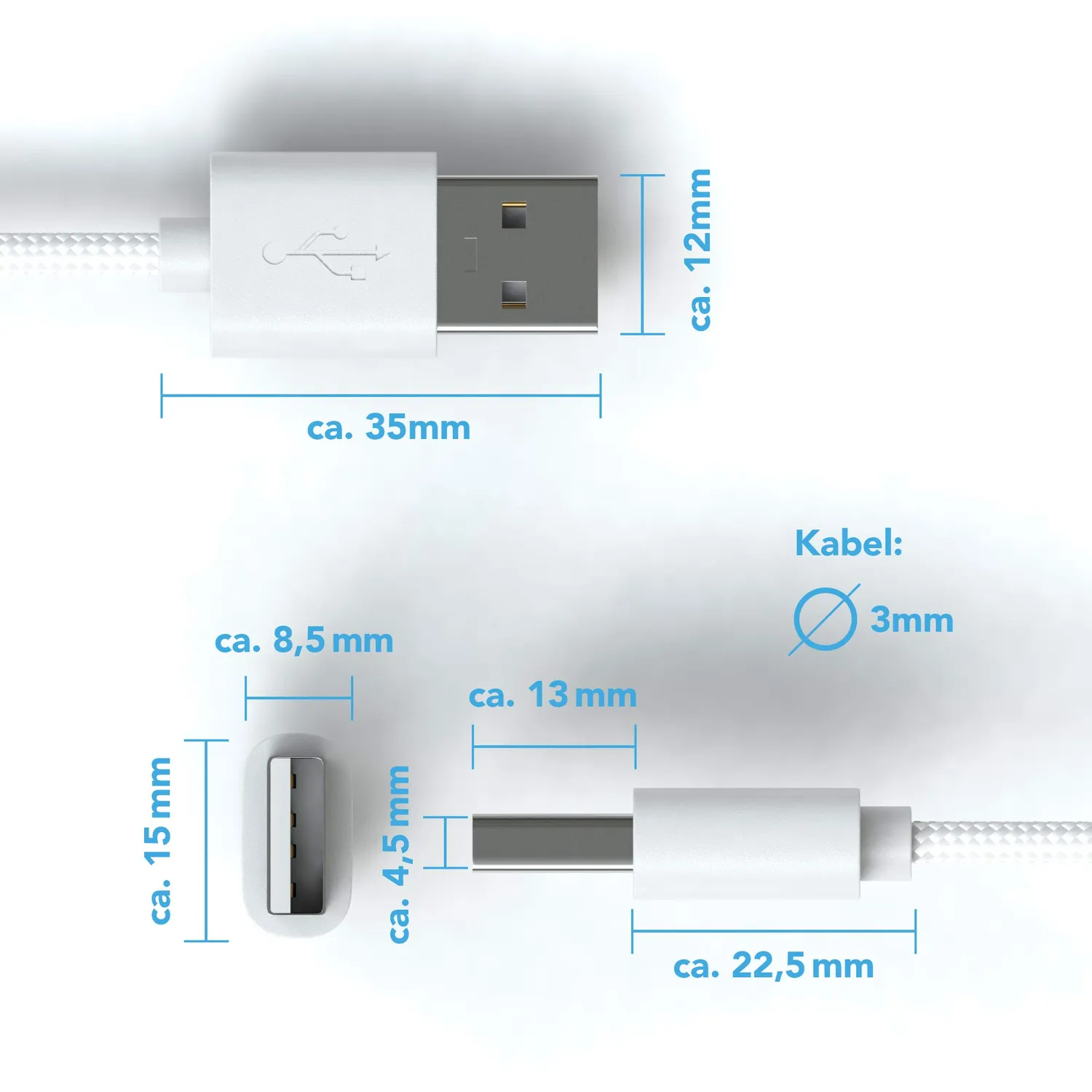 JAMEGA Micro USB Kabel 1m Nylon Ladekabel weiß 2,4A