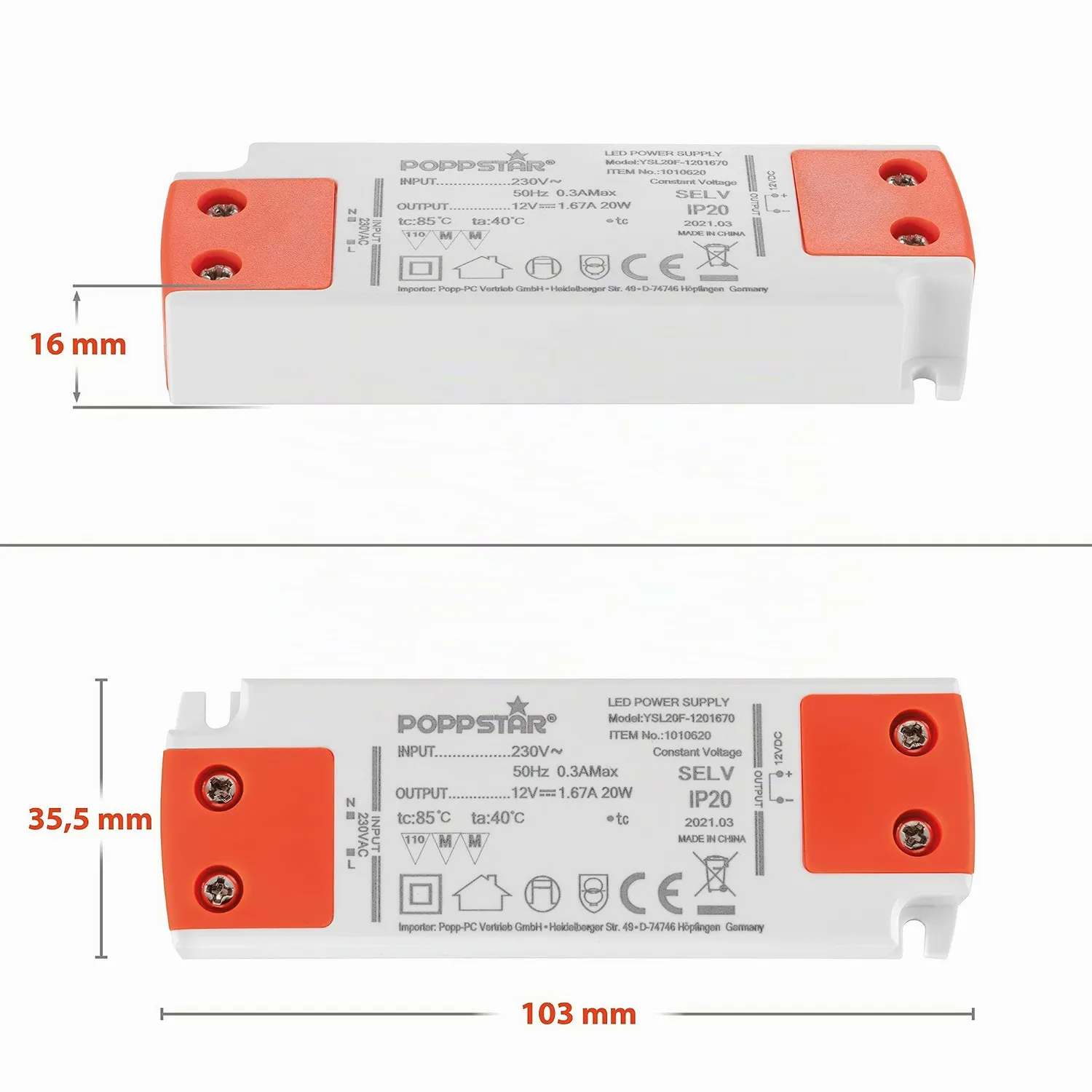 Poppstar Slim LED Trafo 12V 20W 1,66A flach Netzteil