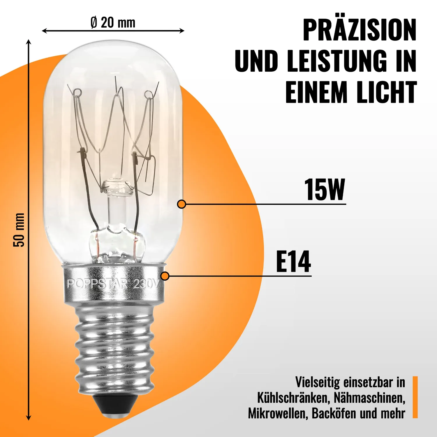 Poppstar Kühlschranklampe E14 15W warmweiß 2er Pack