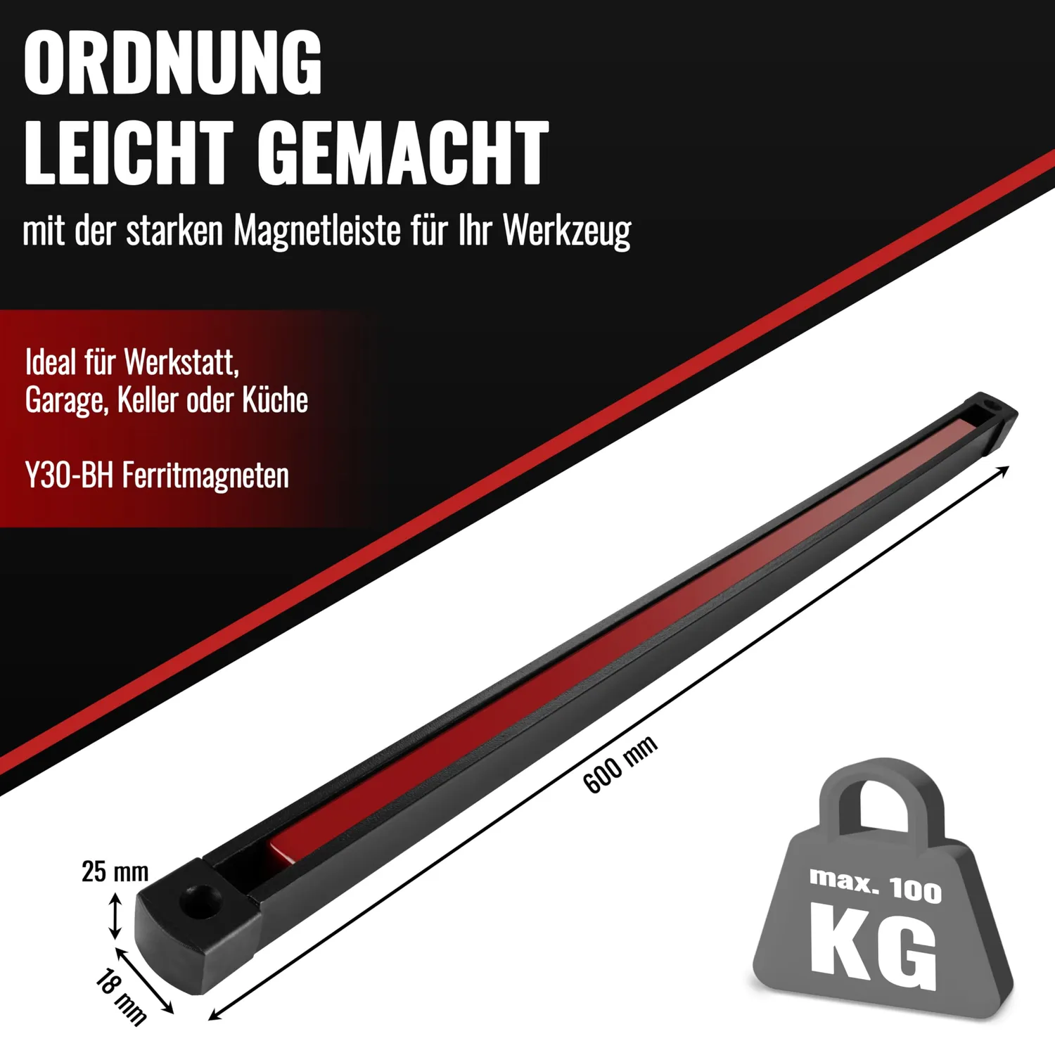 Poppstar Werkzeug-Magnetleiste 60cm 100 kg schwarz