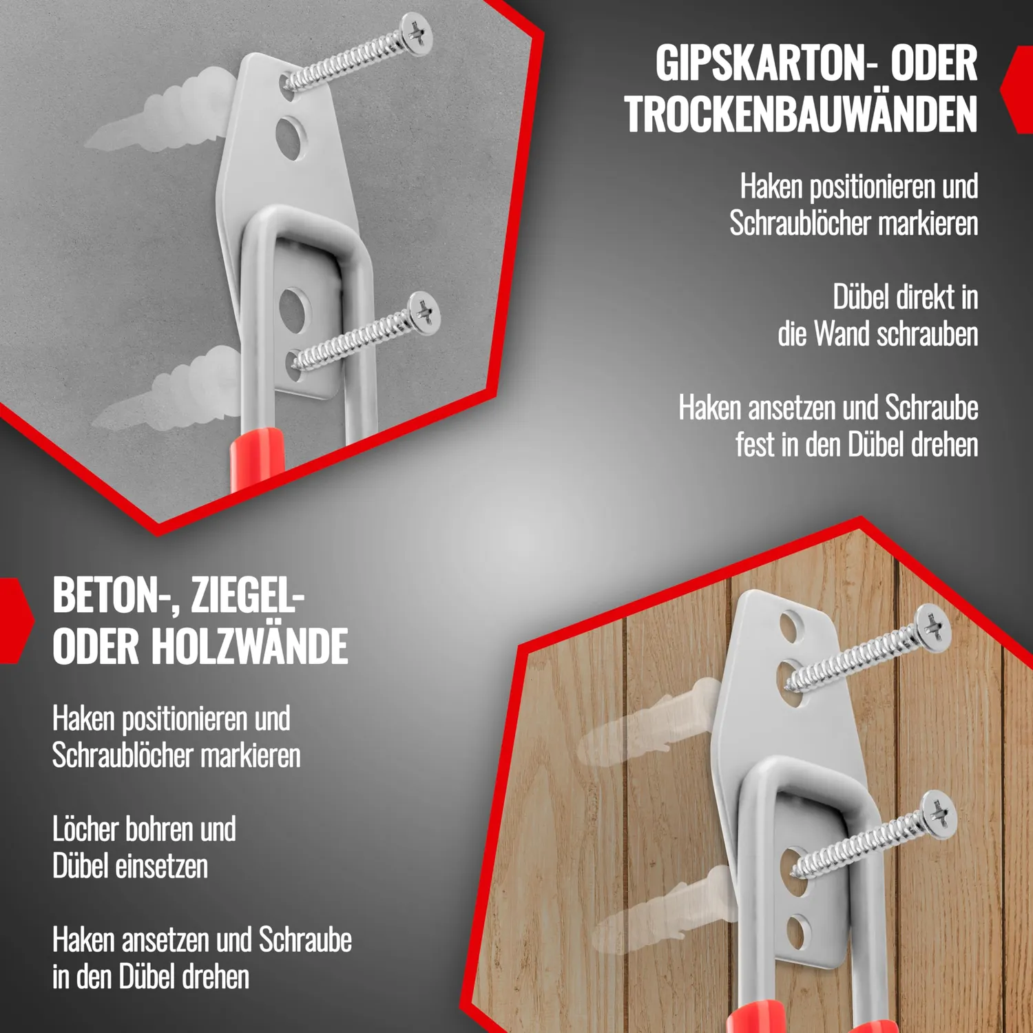 Poppstar Doppelhaken Wandhaken 12 Stück rot 30 kg