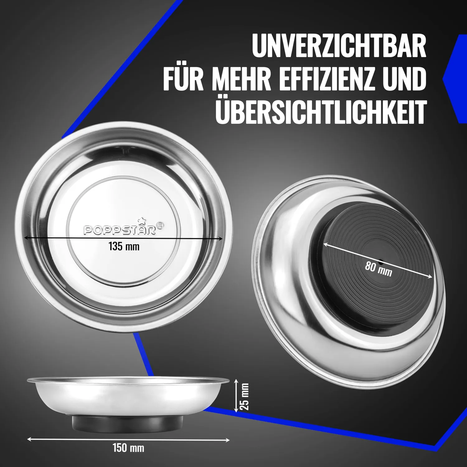 Poppstar 3 Magnetschalen Edelstahl 150mm 3er Set rund