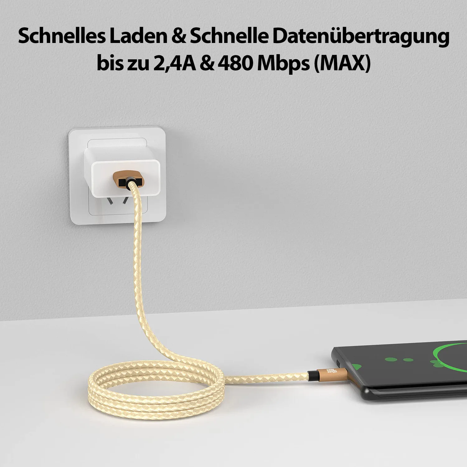 JAMEGA Micro USB Ladekabel 1m Gold Nylon 2,4A