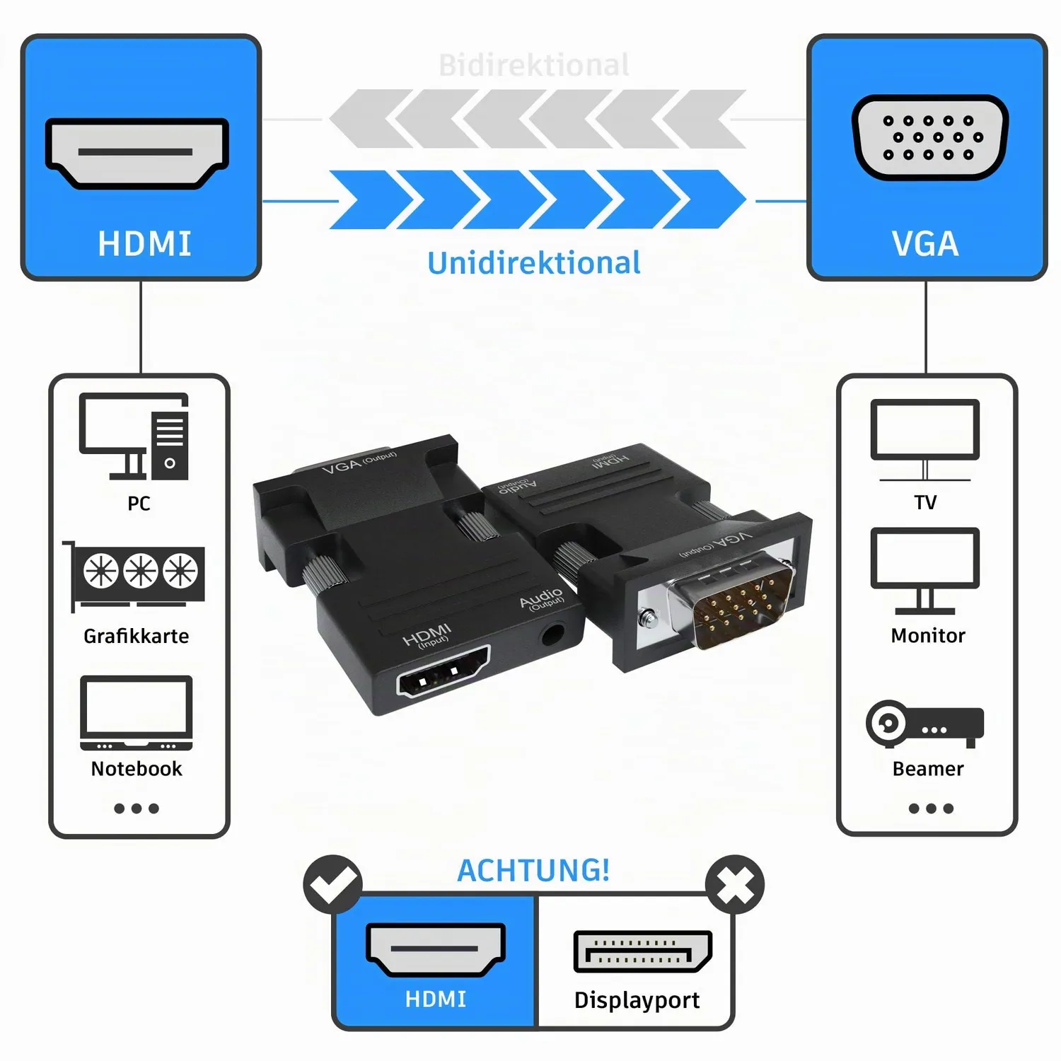 JAMEGA HDMI auf VGA Adapter 1080p Audio 1er Pack
