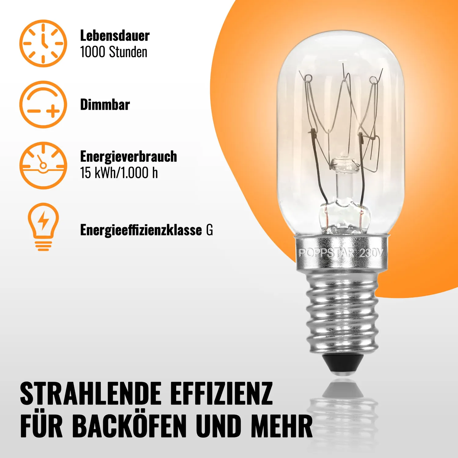 Poppstar Kühlschranklampe E14 15W warmweiß 2er Pack