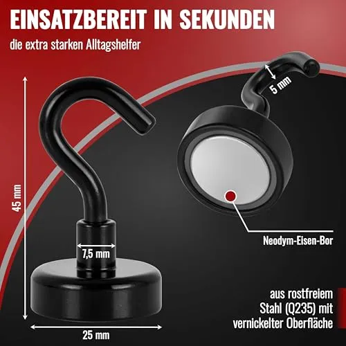 Poppstar Magnethaken schwarz extra stark 23kg 5 Stück Neodym