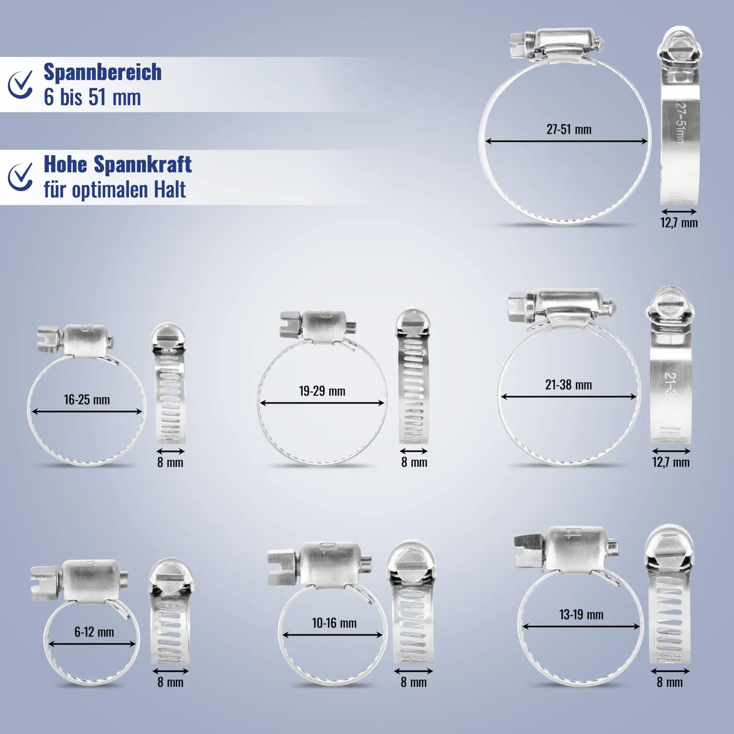 Poppstar Schlauchschellen Edelstahl 52er-Set 6-51mm