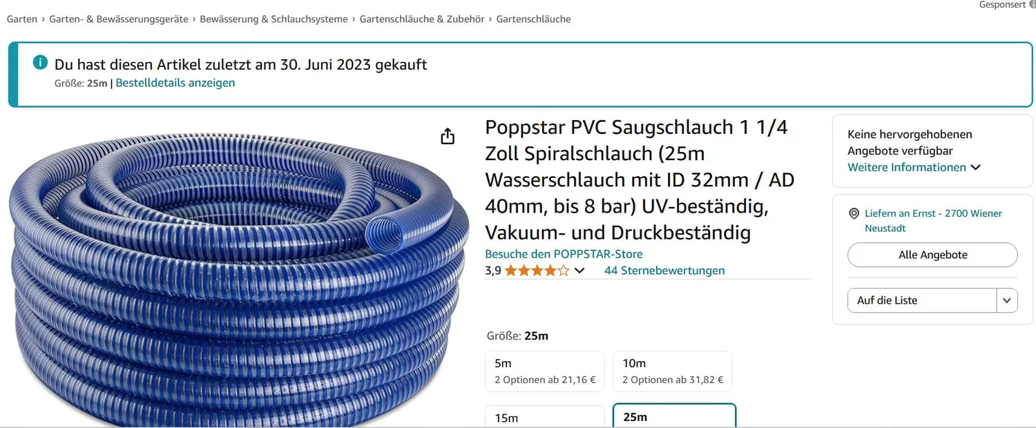 Poppstar Saugschlauch 1 1/4 Zoll 15m 32mm Spiralschlauch blau