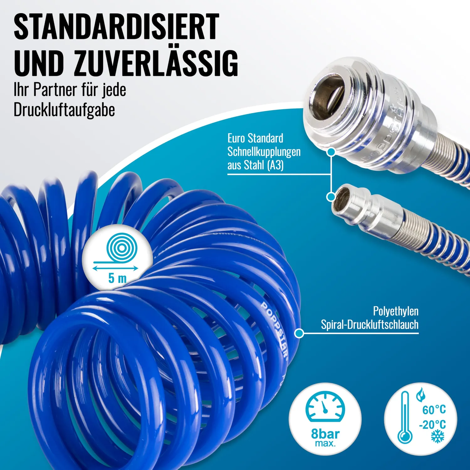 Poppstar Druckluftset Reifenfüller Spiralschlauch 5m