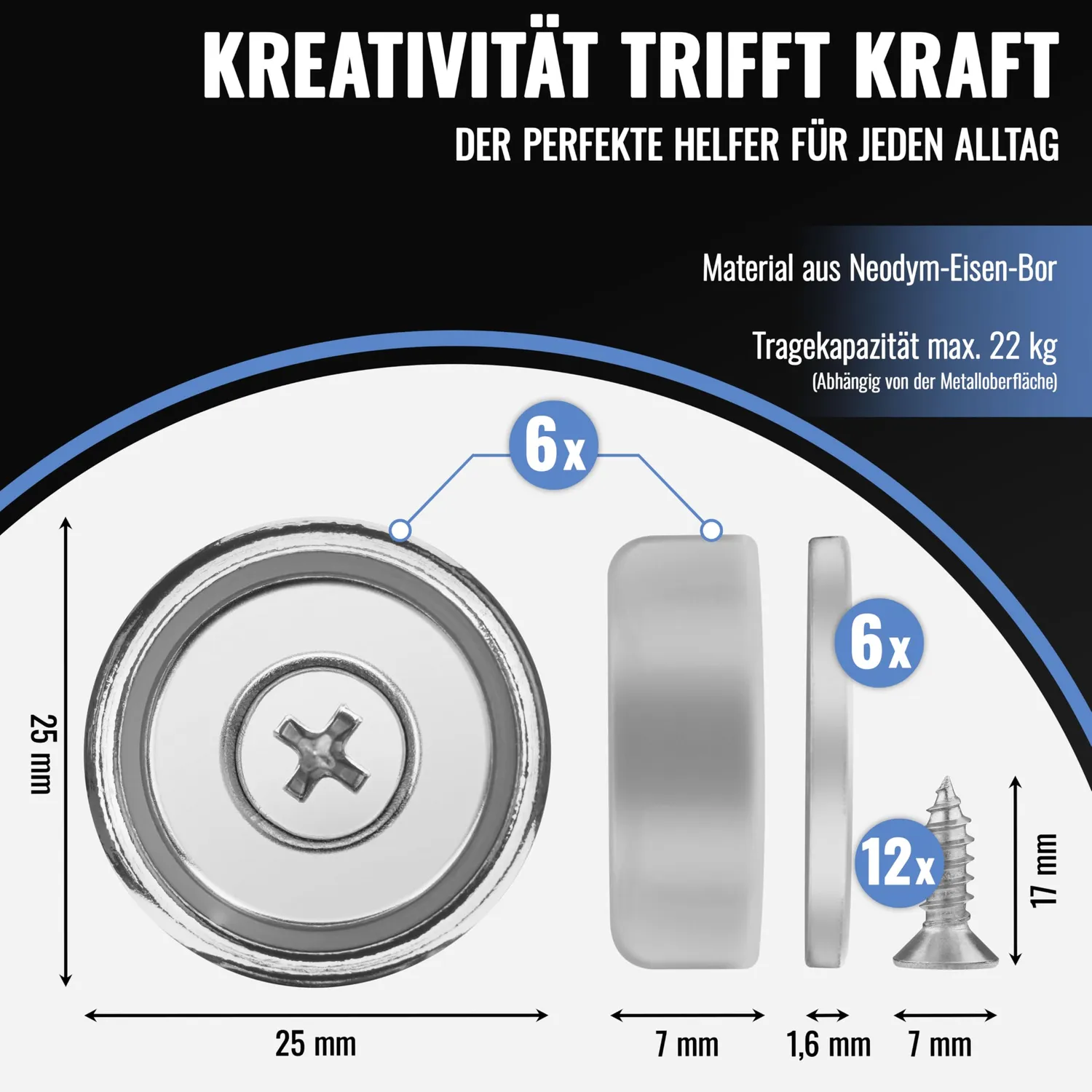 Poppstar Neodym Magnete mit Loch 25x7mm 6 Stück 22kg
