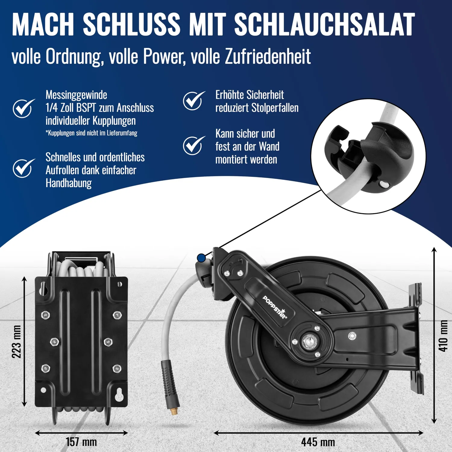 Poppstar Druckluftschlauchtrommel Stahl 15m+1,5m 1/4 Zoll