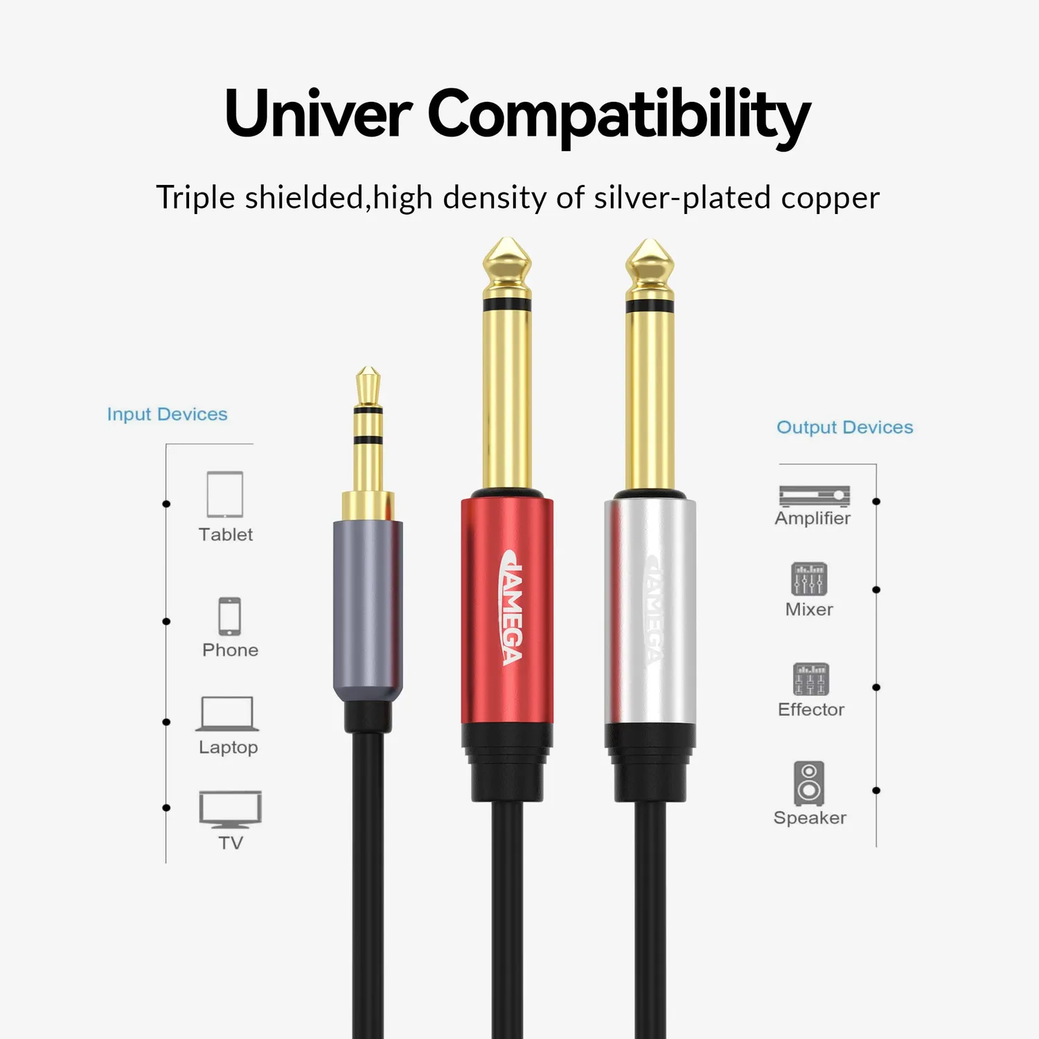 JAMEGA 3,5mm auf 2x 6,35mm Audiokabel 7,5m Splitter