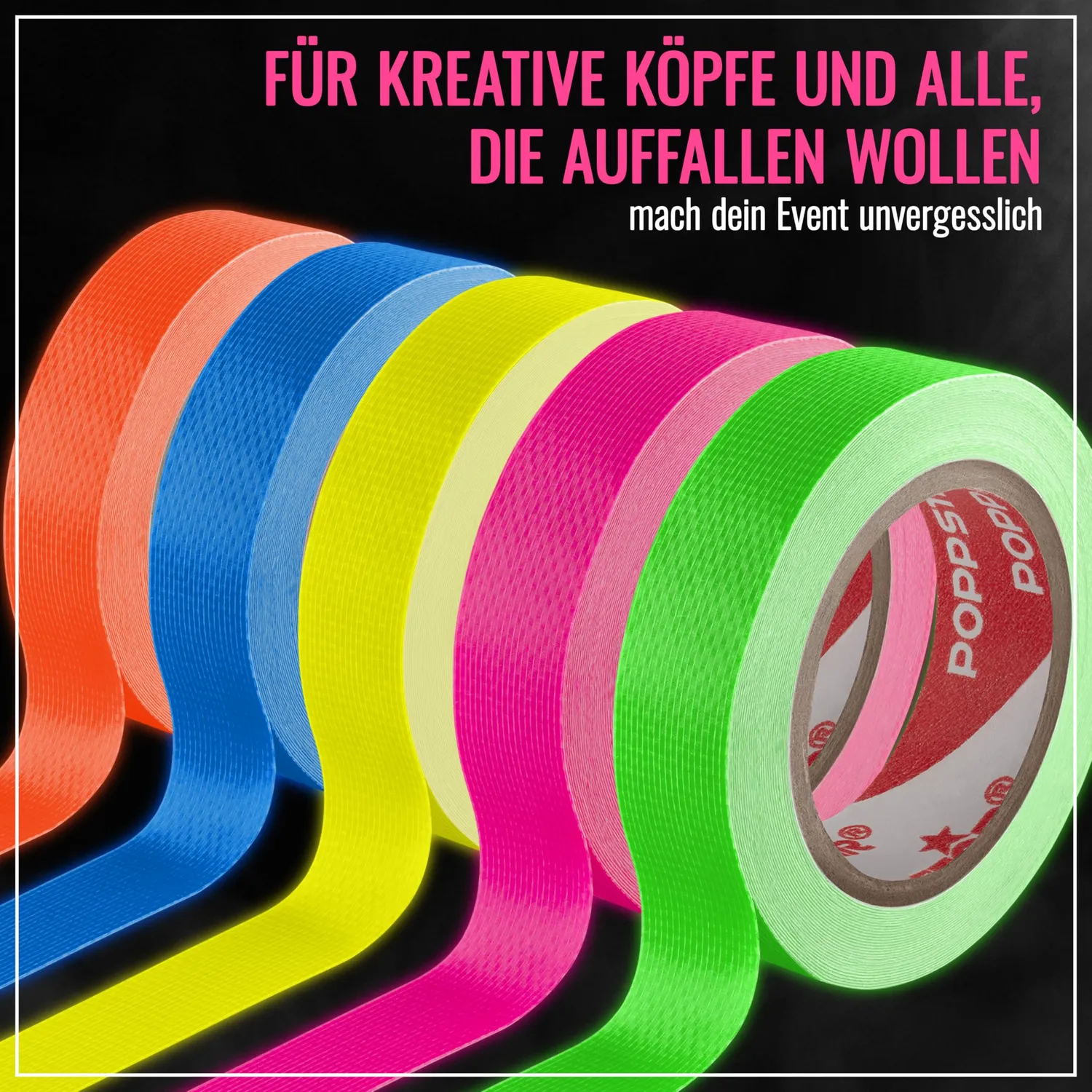Poppstar Neon Klebeband 15mmx5m 5 Farben fluoreszierend