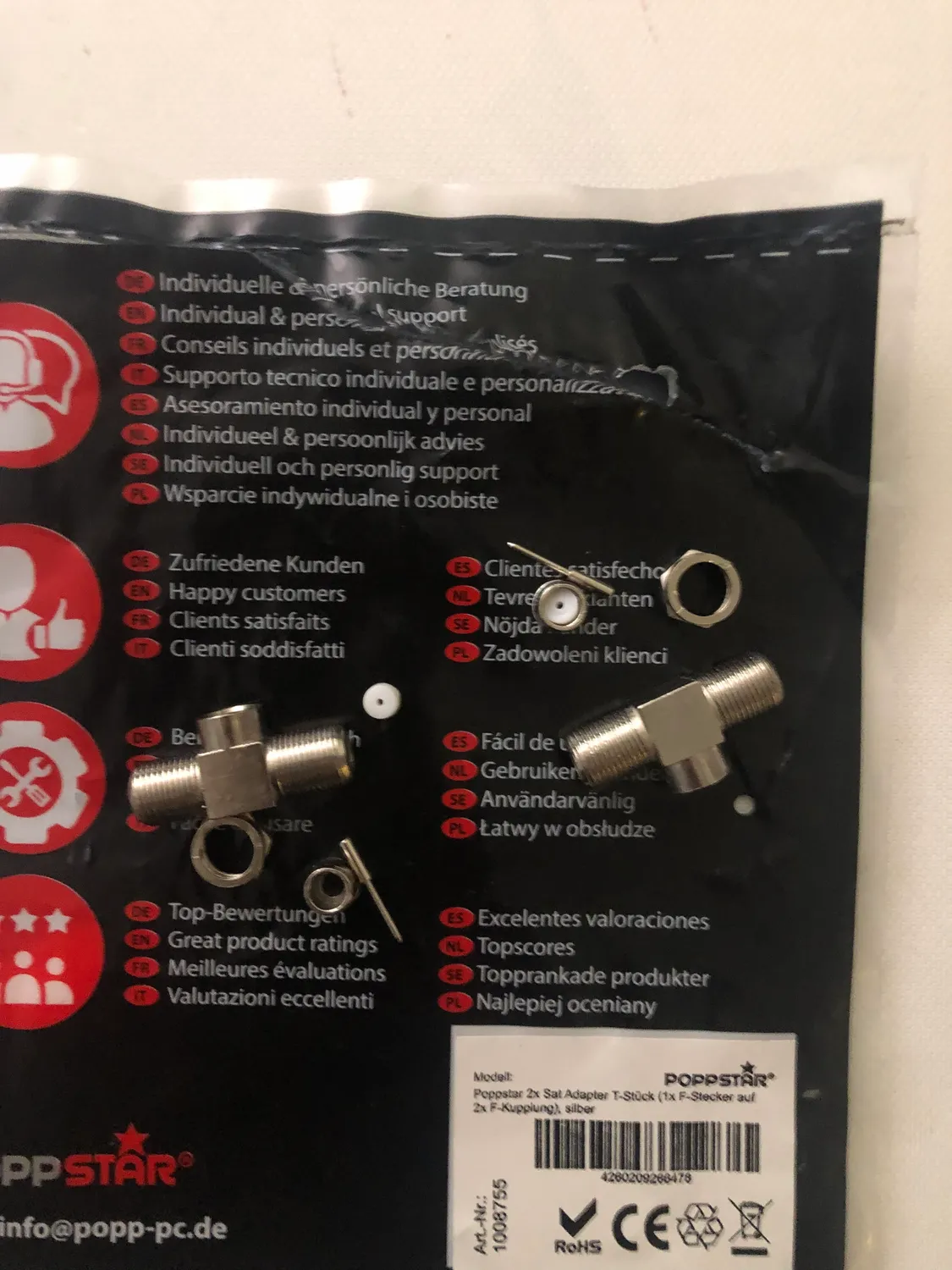 Poppstar SAT Verteiler T-Stück 2x F-Buchse Silber